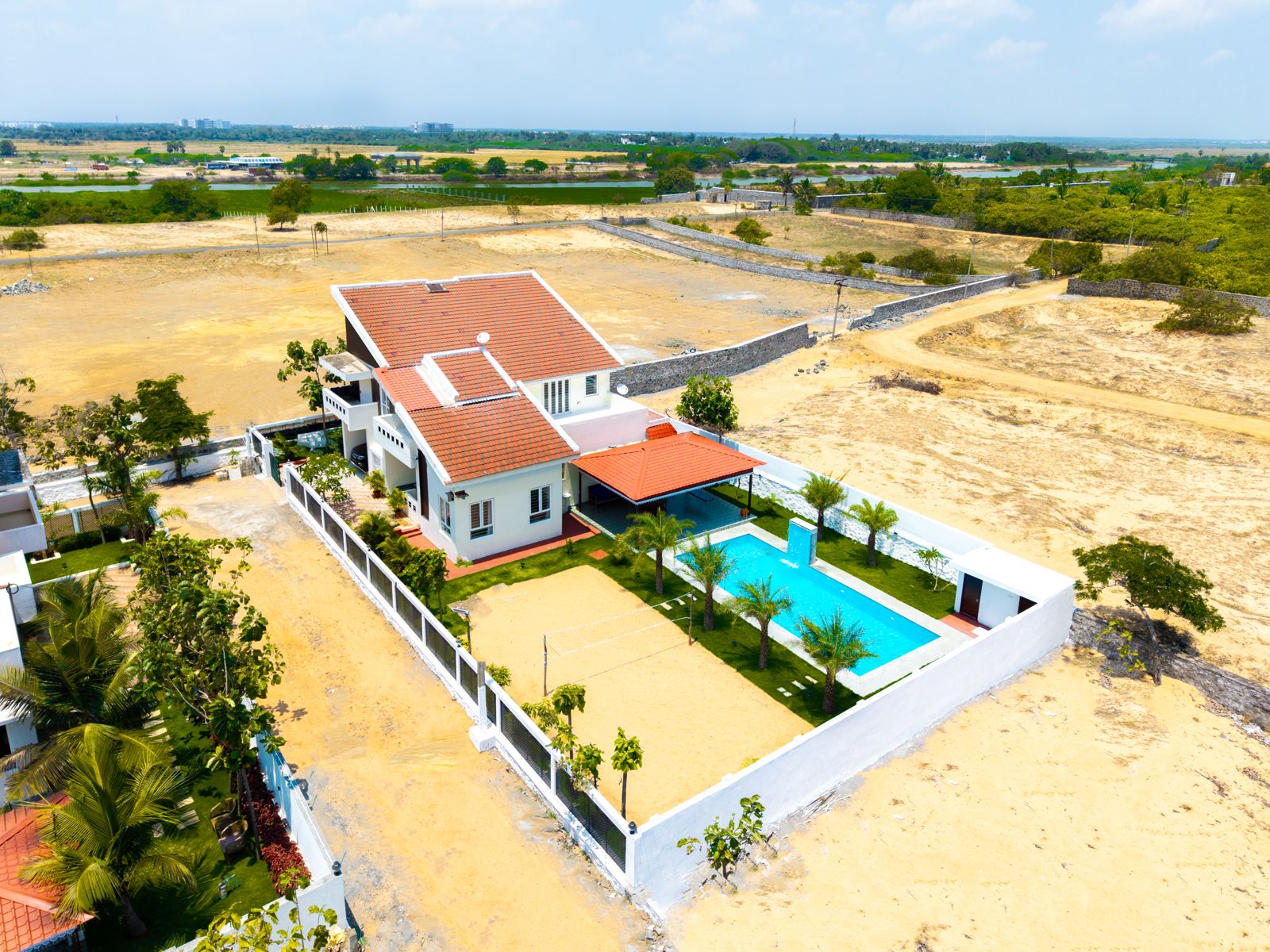 Aerial view of ECR Inn villa with private pool