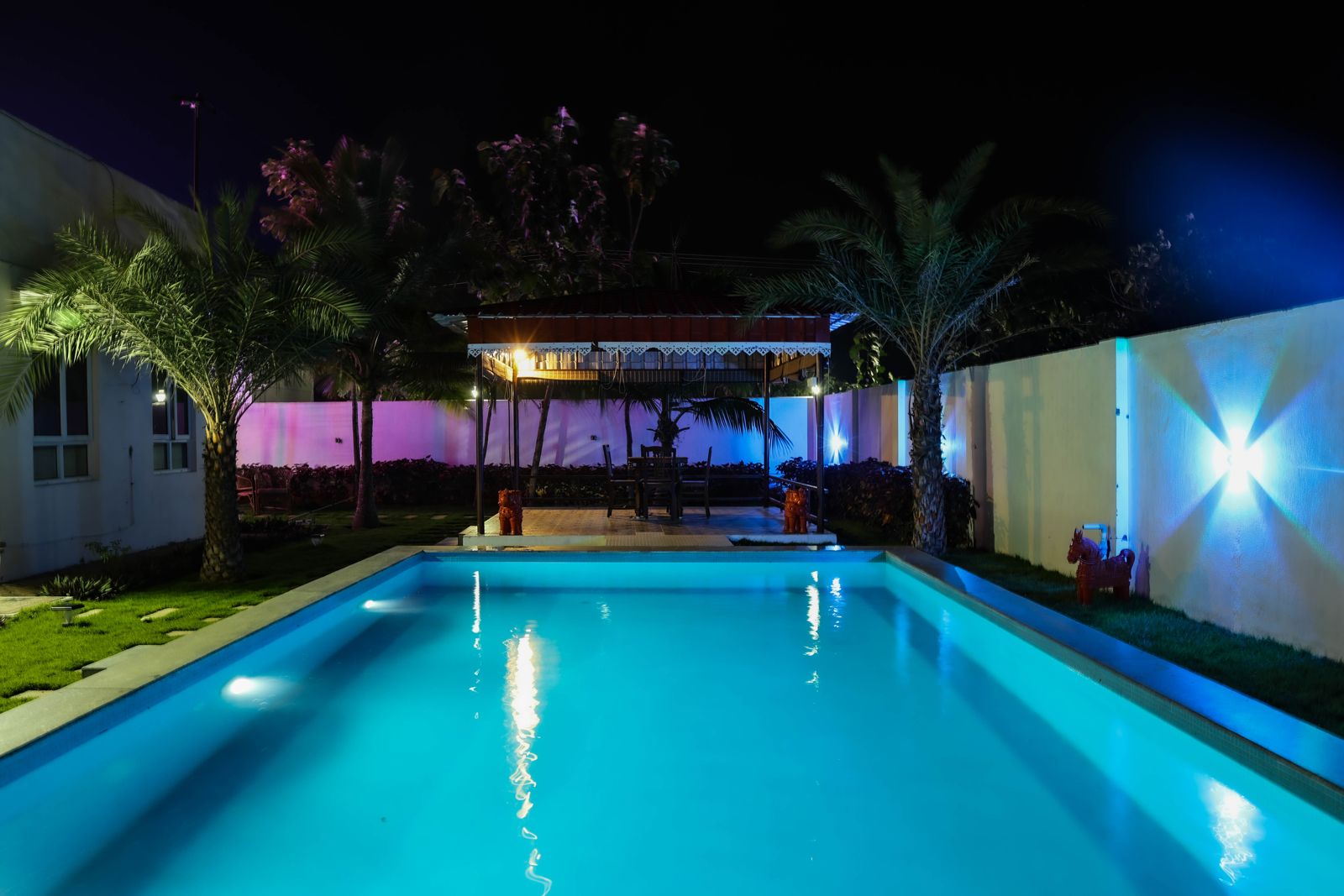 Pool lit up at night